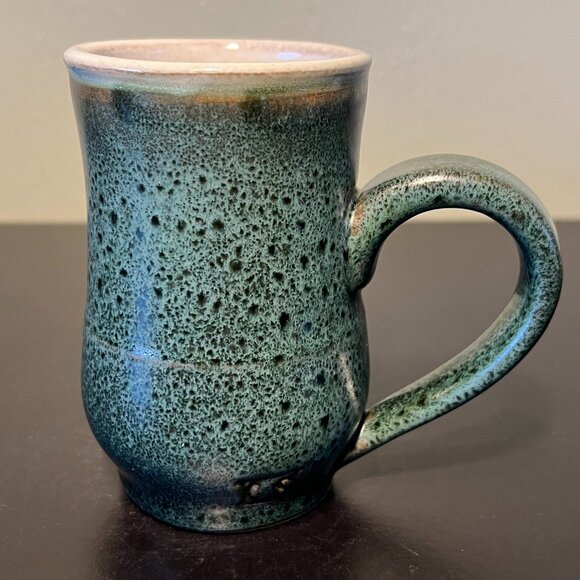 Pair of Handcrafted Green Glaze CS Pottery Mugs w/ Large Black Speckles - Picture 6 of 13